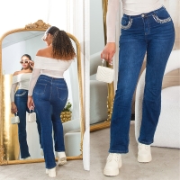 Blugi Sexy cu talie inalta Bootcut sclipici detaliu