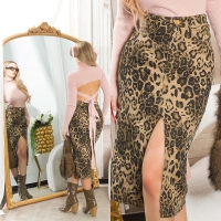 Fuste midi Sexy Denim in leopard Look cu crapatura