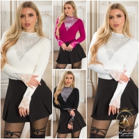 Pulover Sexy tricot cu sclipici & dantela detaliu