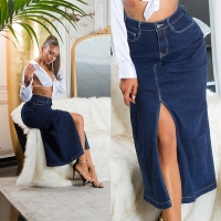 Fusta maxi Sexy cu talie inalta Dark Denim crapatura