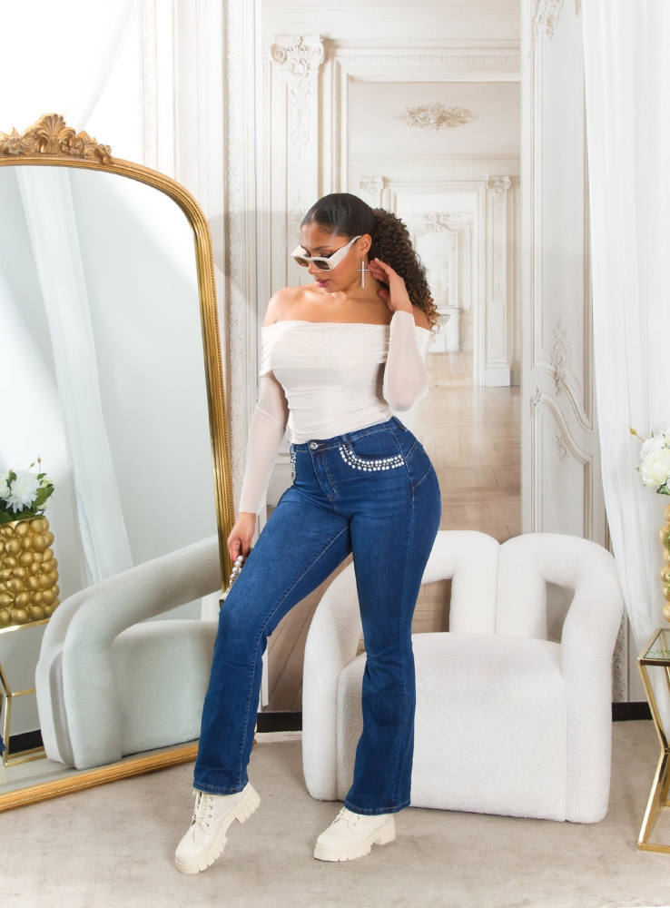 Blugi Sexy cu talie inalta Bootcut sclipici detaliu