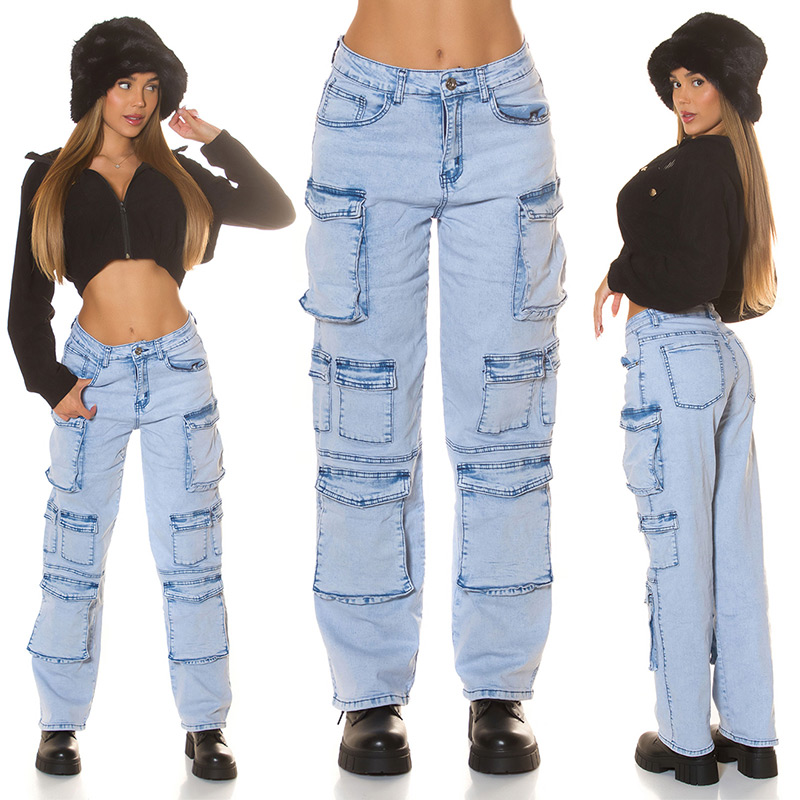 Blugi Sexy Musthave cu talie inalta Cargo light denim