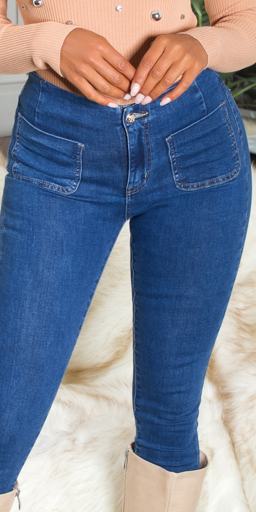 Blugi skinny Sexy cu talie inalta buzunare detail