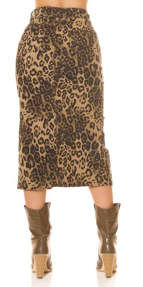 Fuste midi Sexy Denim in leopard Look cu crapatura