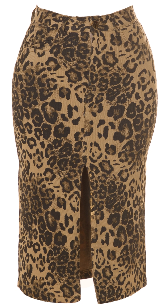 Fuste midi Sexy Denim in leopard Look cu crapatura