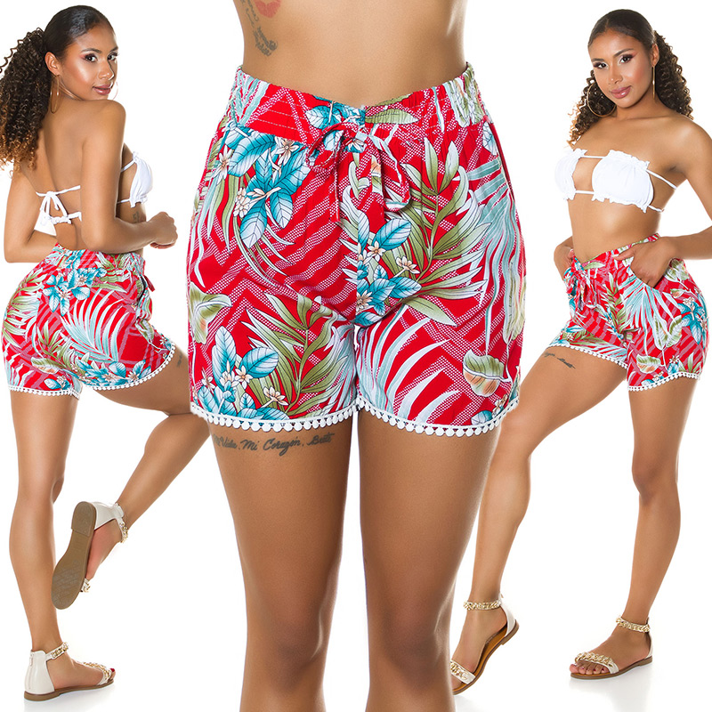 Pantaloni scurti la moda cu talie inalta tropical imprimeu