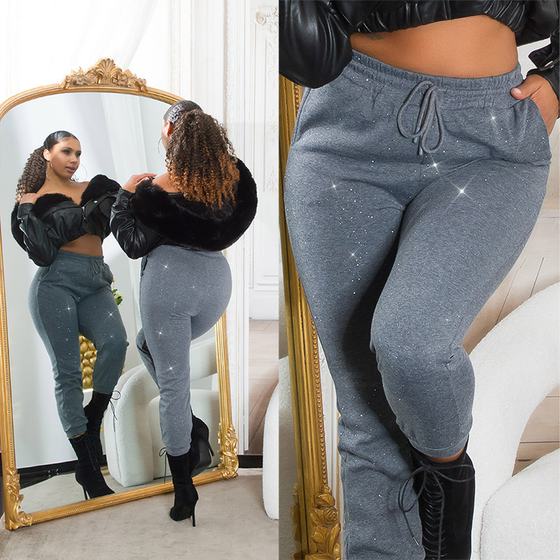 Pantaloni Sexy cu talie inalta Jogger sclipici