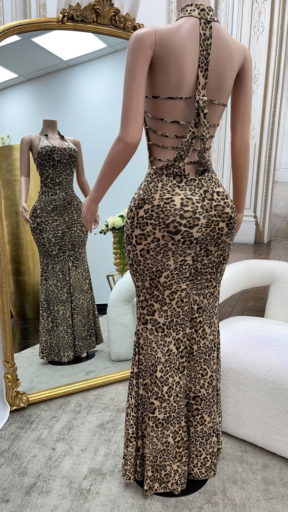 Rochie lunga Sexy Neckholder cu gitter in leopard Look