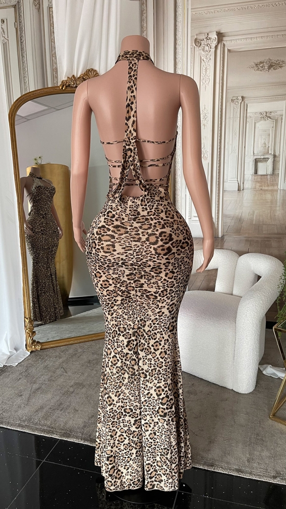 Rochie lunga Sexy Neckholder cu gitter in leopard Look