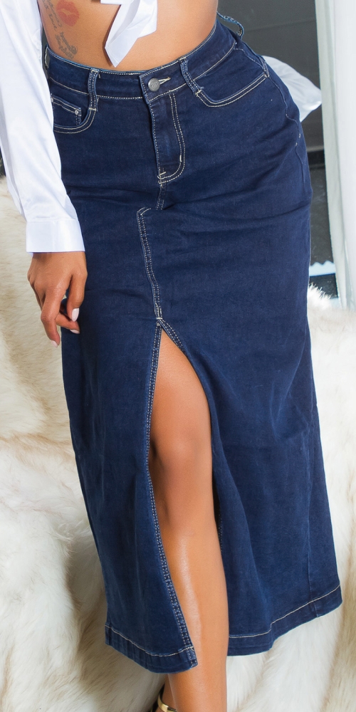 Fusta maxi Sexy cu talie inalta Dark Denim crapatura